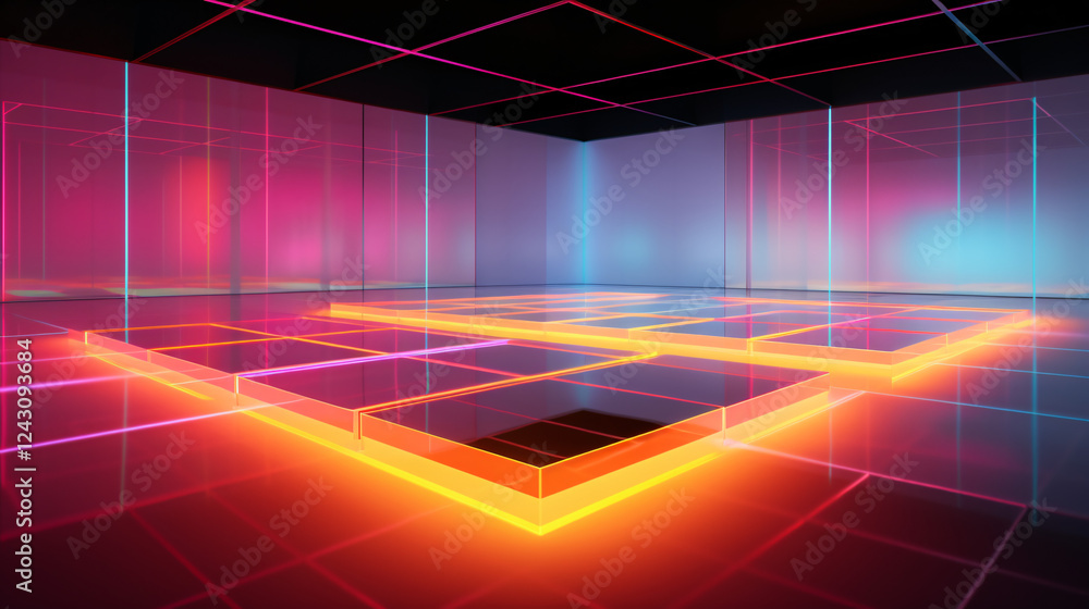 Poster an isometric minimalist floor design with orange and yellow tones, ideal for technology display back