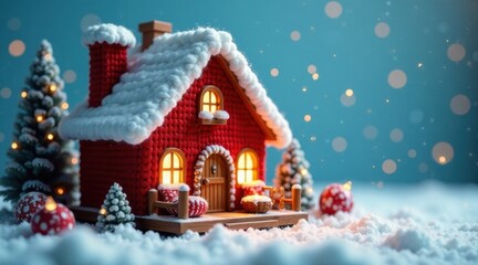 A charming knitted winter cottage glows warmly amidst a snowy scene, adorned with miniature evergreens and festive ornaments, creating a delightful holiday tableau.