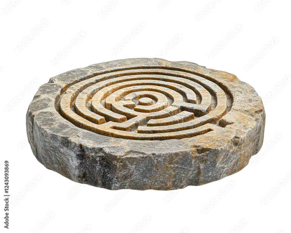 Poster intricate stone labyrinth design, showcasing artistic craftsmanship and unique patterns. perfect for