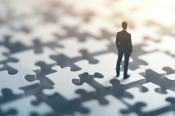 Young businessman in a suit stands on a large puzzle, symbolizing problem solving and strategy in a corporate environment