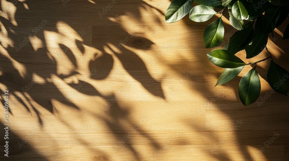 Poster sunlight spills through leaves, casting intricate shadows on a warm wooden floor. the interplay of l