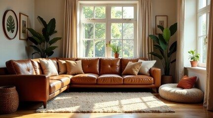 Obraz premium Sunlit Living Room with Brown Leather Sectional Sofa and Lush Indoor Plants