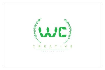 WC letters eco logo with leaf. Fresh nature and healthy leaf logo design.