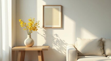 Sunlit Interior Design Featuring a Wooden Side Table, Beige Sofa, and Yellow Flowers in a Vase