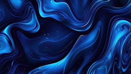 Fototapeta premium Abstract blue liquid swirls, glowing dark background.