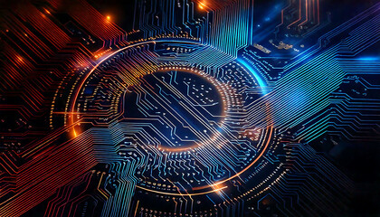 Stunning abstract image of glowing circuit board pathways.  Vibrant blue and orange hues create a dynamic, technological feel, perfect for tech, AI, and innovation concepts.