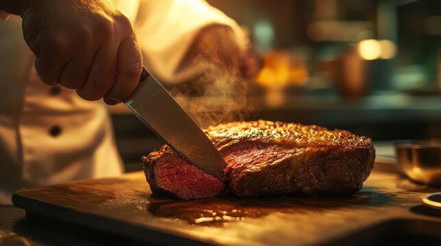 Masterful Slicing: A Chef Carves a Juicy, Perfectly Cooked Steak