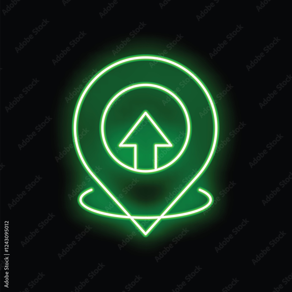 Poster neon green gps pointer is showing upward arrow on a black background