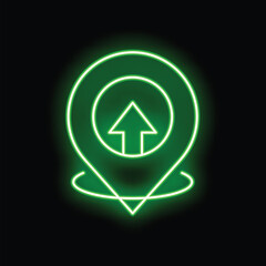 Neon green gps pointer is showing upward arrow on a black background