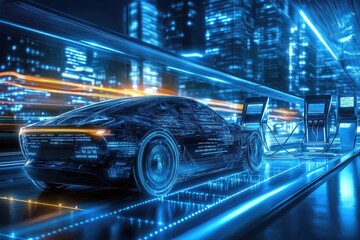 Futuristic Digital Car Charging at Neon Station in Cyberpunk City