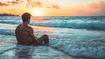 Man sitting in ocean waves at sunset. Ideal for adventure travel, mindful living, and connection with nature content.