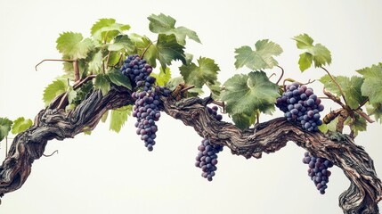 Twisting grapevine with lush leaves and ripened fruit isolated on white background nature photography