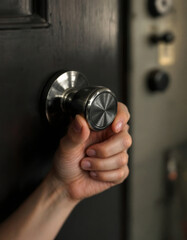 Opening a Dark Wooden Door with Metal Knob: A Moment of Entry