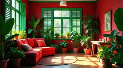 Obraz premium Sunlit Interior with Lush Greenery and Red Sofa