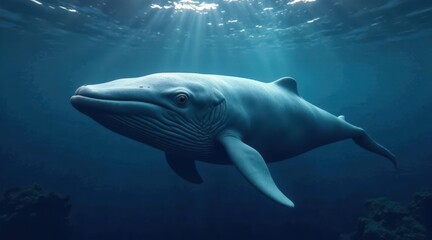 Fototapeta premium A Majestic Whale Gracefully Navigates the Deep Ocean Depths, Illuminated by Sunbeams Piercing the Surface