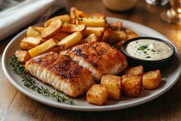Pan-fried fish, potatoes, and sauce. Restaurant meal