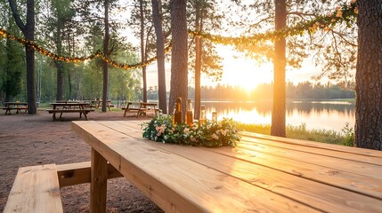 Easter day celebration with pastel-toned eggs at a lakeside picnic nature viewpoint