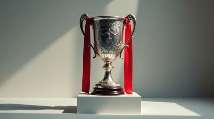 A gleaming silver trophy with ornate detailing, adorned with elegant red ribbons, rests on a pristine white pedestal, bathed in soft, natural light.