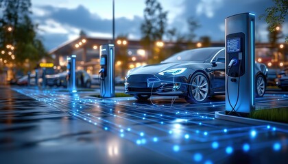 Futuristic Electric Vehicle Charging Station at Night with Blue Light