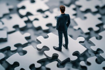 A man in a suit standing on a puzzle piece, symbolizing problem solving and decision making, surrounded by grey puzzle pieces in a dynamic business concept