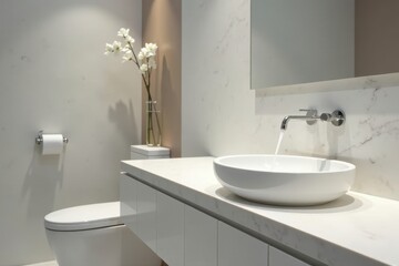 Modern Minimalist Bathroom Vanity with Vessel Sink and White Flowers