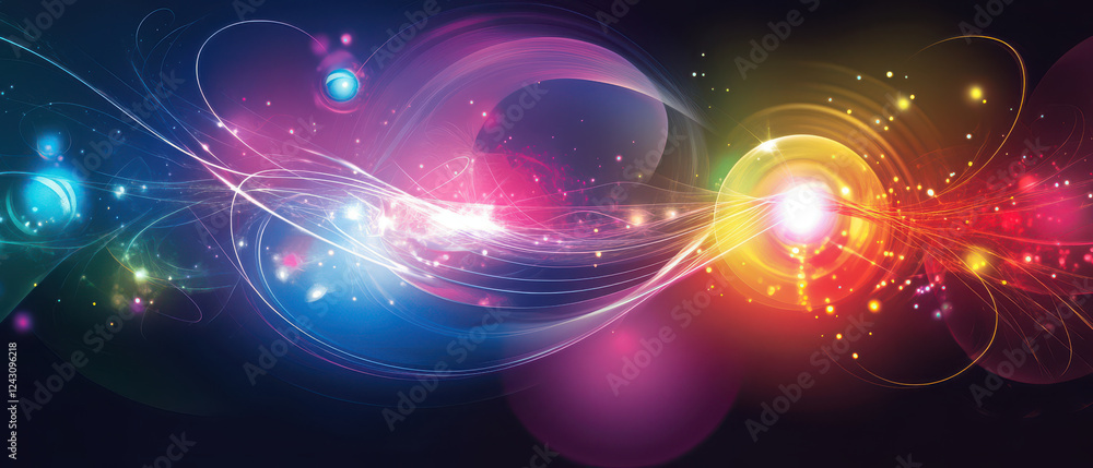 Poster vibrant abstract design featuring colorful light trails and particles, representing energy and motio