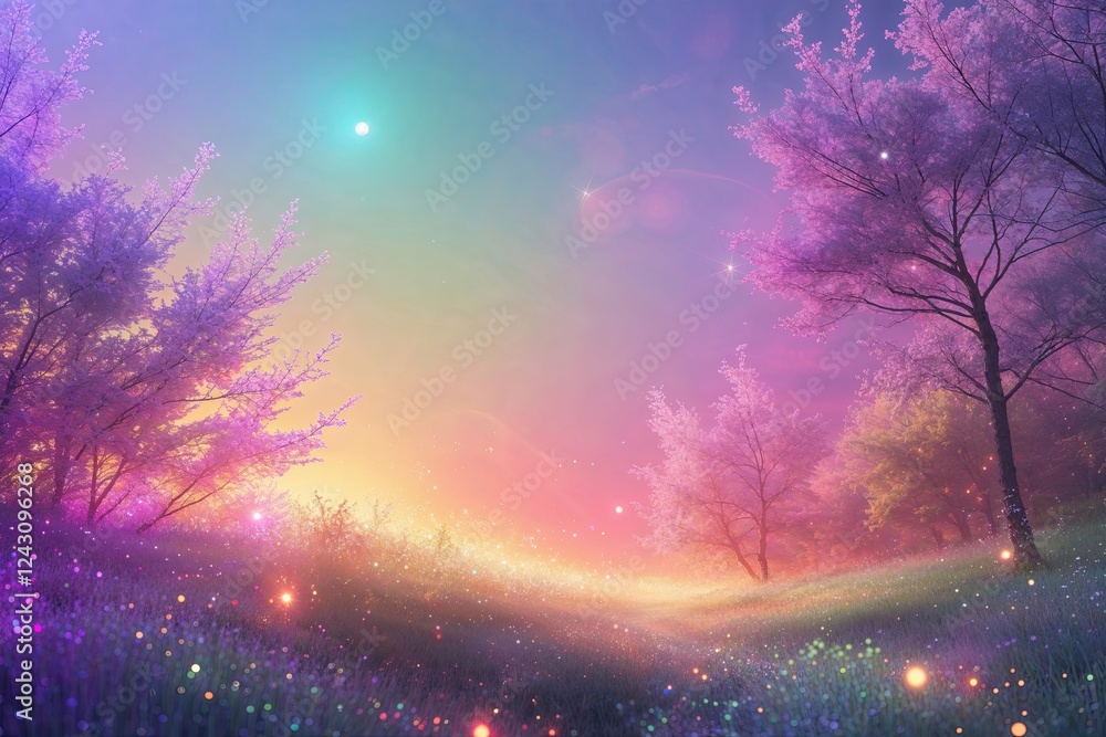 Poster lush ethereal canvas with gentle multicolor gradient glow and retro shimmer effects