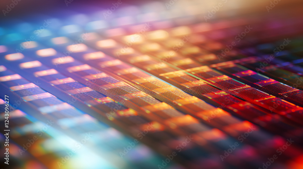 Leinwandbilder Macro shot of an iridescent silicon wafer with bokeh effects, ideal for technology display backgrounds.

