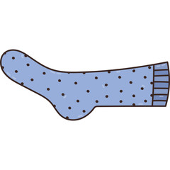 Lovely long sock with dotted pattern and stripes. Cute knitted foot accessory for children, women, man. Wintertime feet clothes doodle isolated on white background. Trendy garment.