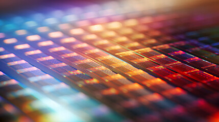 Macro shot of an iridescent silicon wafer with bokeh effects, ideal for technology display backgrounds.

