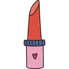 Cute doodle lipstick with heart on the case. Cute hand drawn woman cosmetics for lips. Lovely makeup product for lady, girl. Lipstick tube. Beauty accessory isolated on white background