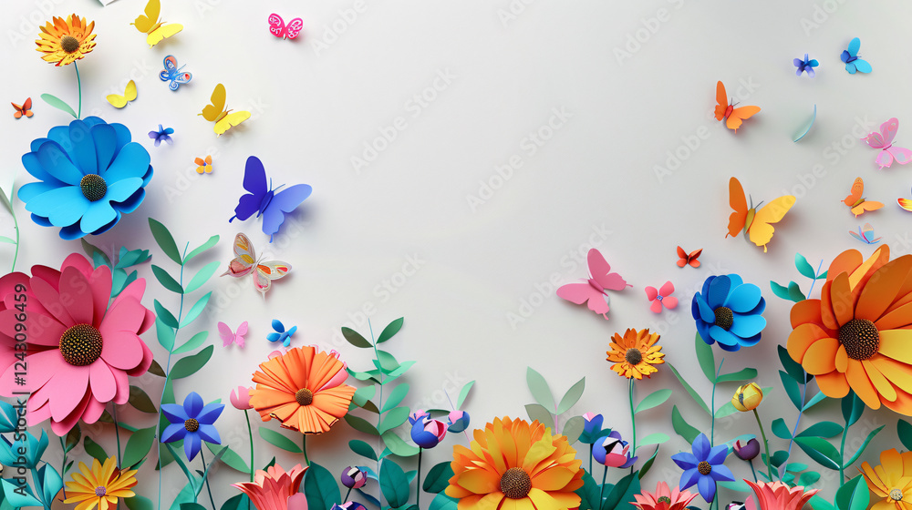 Poster vibrant paper flowers and butterflies creating a lower border against a white backdrop