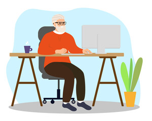 Modern Old Senior Man Using Computer. Happy elderly person. Entrepreneur In Modern Office. Flat Vector Illustration.