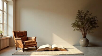 Serene Reading Nook with Leather Armchair and Open Book on a Natural Fiber Rug