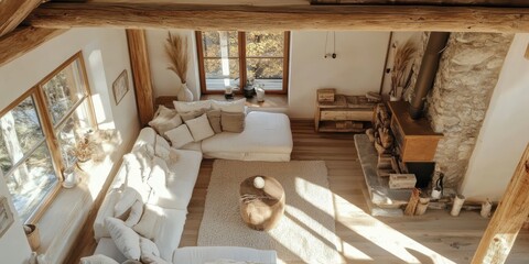 Rustic Mountain Cabin Living Room With White Sofa