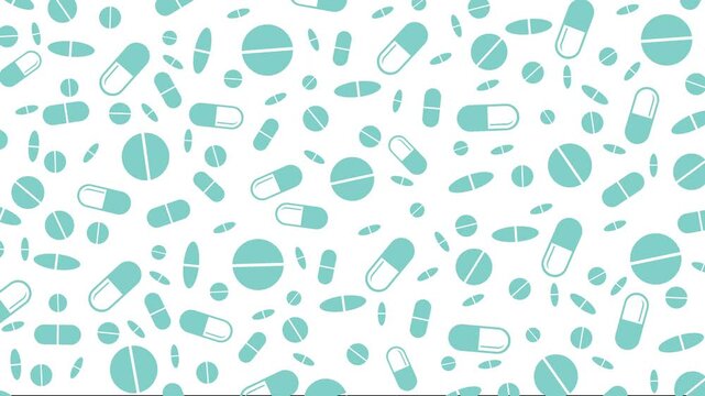 Seamless pattern with medicines, capsules, medicaments, drugs, pills and tablets. Medical pharmacy backgrounds and textures. Loop animation.