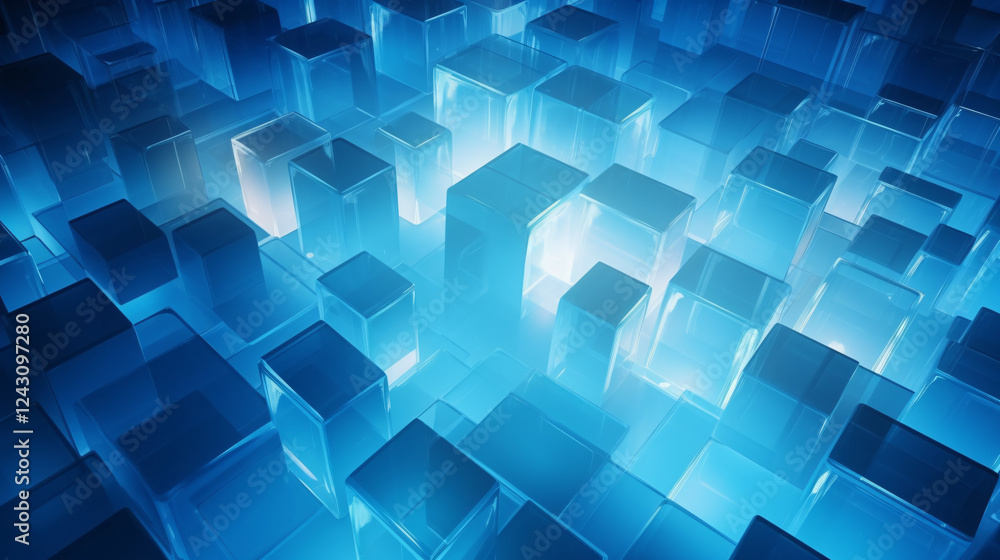Poster glass sheets of varying sizes on a blue futuristic background, ideal for technology presentations an
