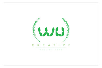 WU letters eco logo with leaf. Fresh nature and healthy leaf logo design.