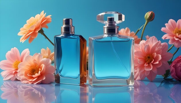 Frasco de perfume m&iacute;nimo y flores por todo el conjunto, luz superior encima de un fondo con agua, combinaci&oacute;n de colores de saturaci&oacute;n, refracci&oacute;n de vidrio de luz brillante, sombreado moteado