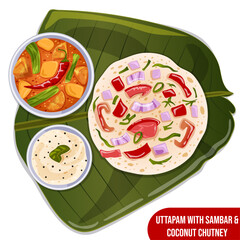 Uthapam with Sambar & Coconut Chutney Served on Banana Leaf. Top View Sadhya South Indian Cuisine