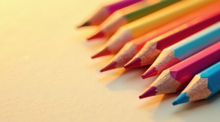 A Close-Up View of Sharpened Colored Pencils Arranged in a Row on a Pale Surface, Illuminated by Warm, Soft Light