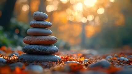 Obraz premium Perfectly stacked and balanced natural stones in a serene forest landscape with soft diffused morning light filtering through the trees creating a peaceful meditative atmosphere with a calm