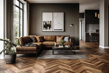 Discover the sophistication of stylish furnishings set against beautiful parquet flooring.