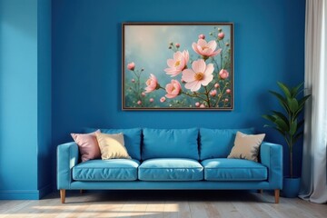 Serene Pink Blossom Artwork Above a Teal Sofa in a Modern Room