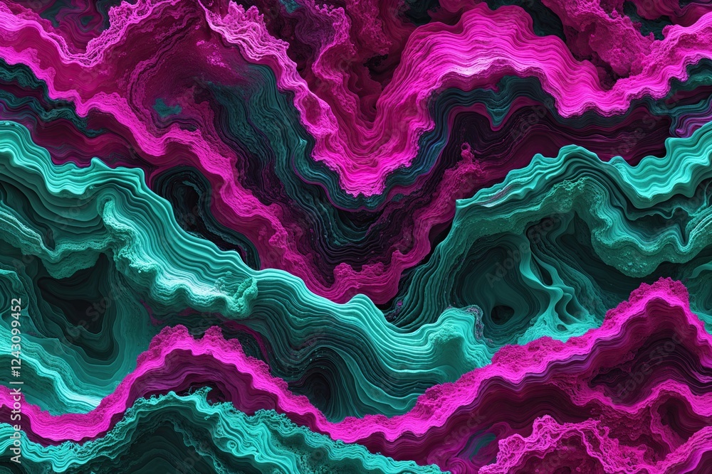 Poster vibrant fluid wave pattern in fuchsia teal and mint colors with dynamic texture effects