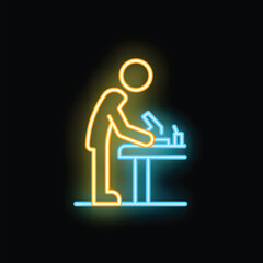 Neon sign illuminating a technician working on an electronic circuit board, symbolizing technology repair and maintenance