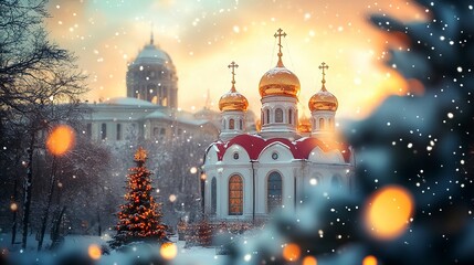 Obraz premium A photo of an Orthodox church in winter, with golden domes and a red roof, as snowflakes fall gently around it. The background is blurred with trees and buildings, creating depth.