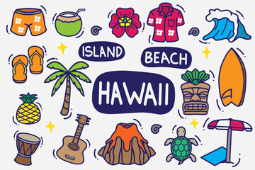 set of hawaii doodle with color good for background, wallpaper, element design, sticker, icon, etc