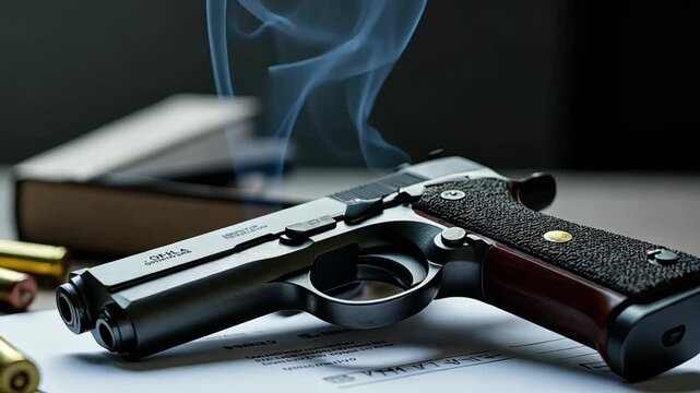 Smoking Revolver with Bullets on a Table