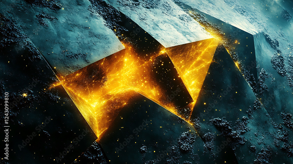 Poster stunning abstract image of glowing energy bursting from geometric stone structures. perfect for tech